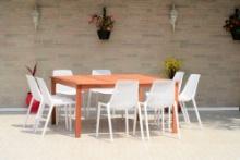 BRAND NEW OUTDOOR 100% FSC SOLID WOOD SQUARE TABLE WITH 8 STACKING WHITE RECYCLED RESIN CHAIRS