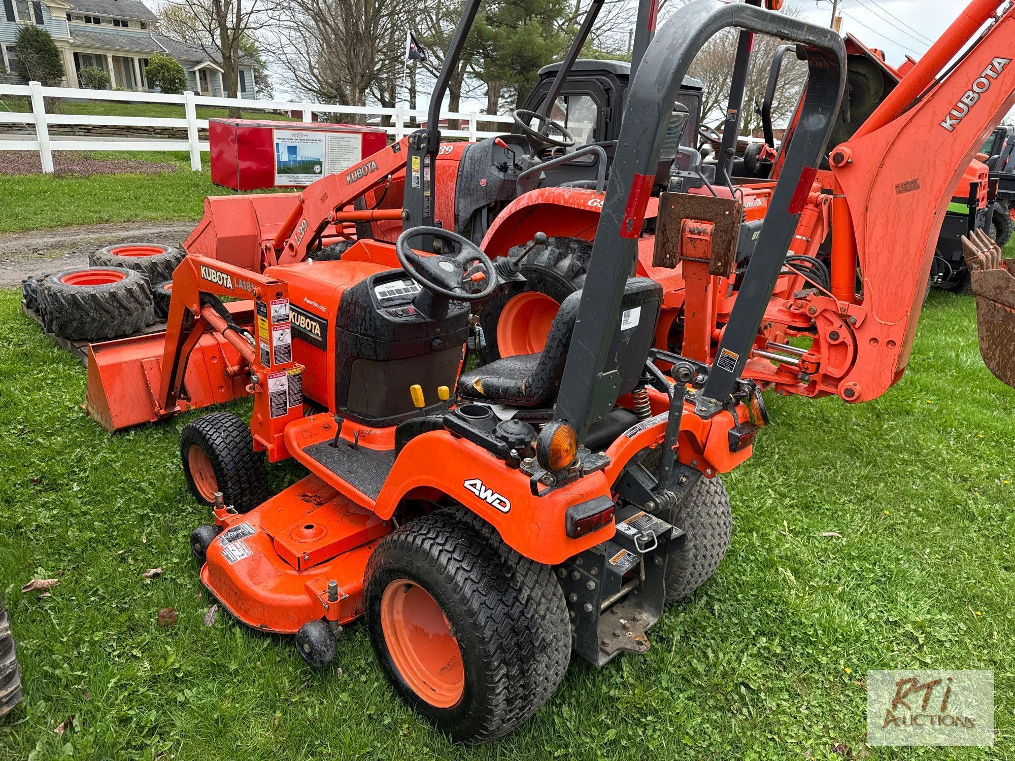 Kubota BX1500 4WD compact diesel tractor, with 54in mower deck, loader, power steering, 835 hrs.