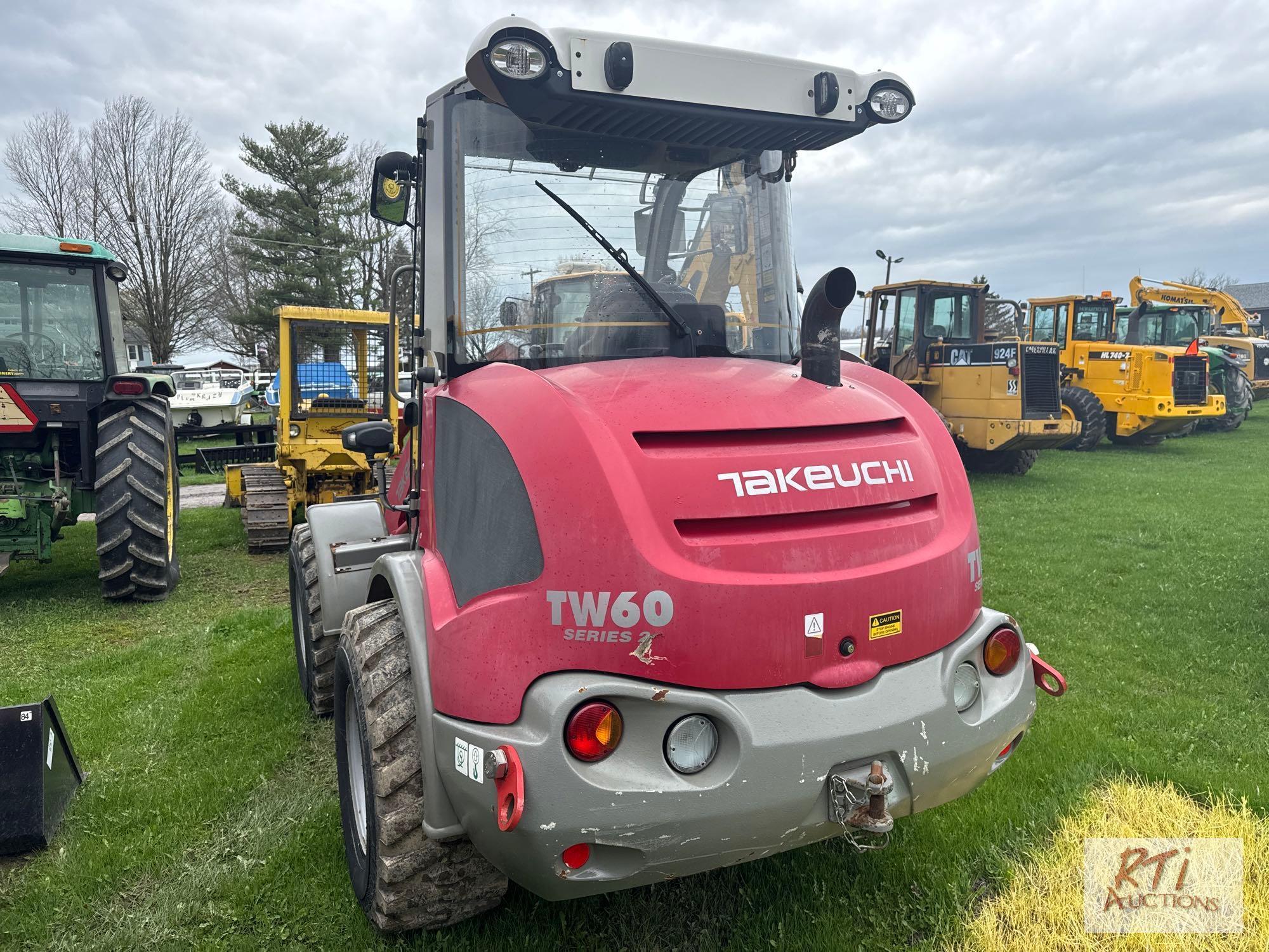 Takeuchi TW60 series 2 mini wheel loader, hydraulic quick coupler, 48in forks, cab, heat, A/C, 640