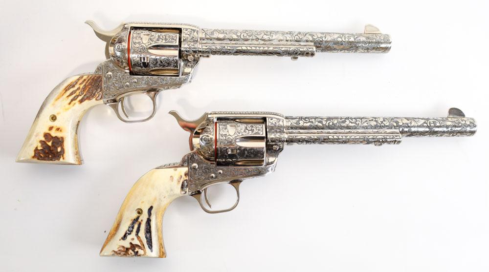 Colt SAA Factory Engraved Nickel Revolver Pair