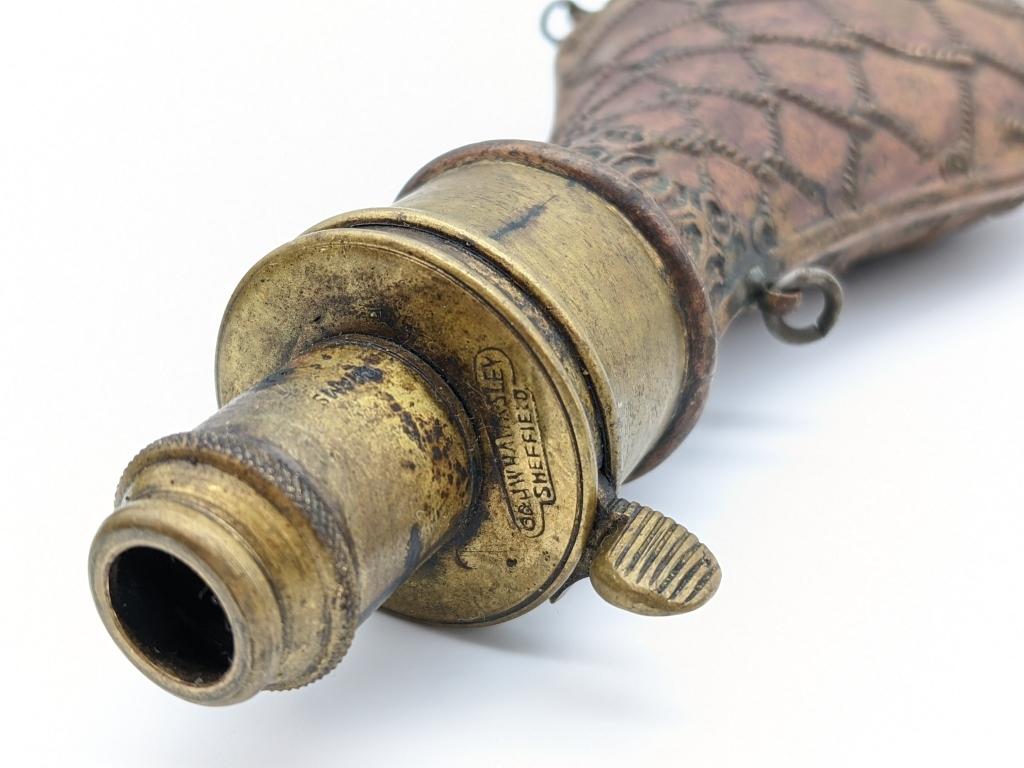 5) Early G&J.W. Hawksley & Unk Brass Powder Flasks