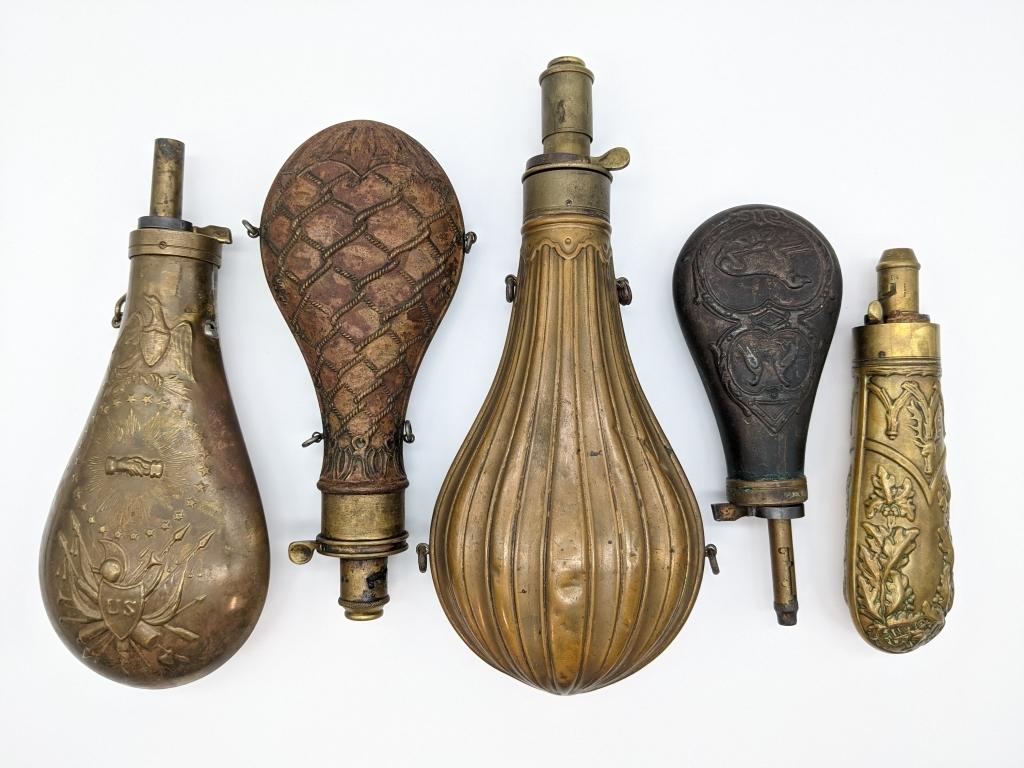5) Early G&J.W. Hawksley & Unk Brass Powder Flasks