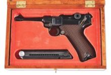 (C) MAUSER S/42 CODE P.08 LUGER SEMI-AUTOMATIC PISTOL WITH MATCHING MAGAZINE AND HOLSTER.