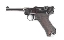(C) 1938 MAUSER PO8 LUGER SEMI-AUTOMATIC PISTOL, WITH MATCHING LEATHER HOLSTER.