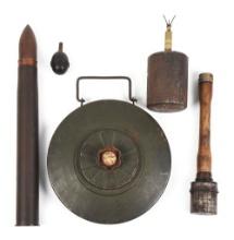 LOT OF THIRD REICH ORDNANCE INCLUDING S-MINE AND GRENADE WITH FRAG SLEEVE.