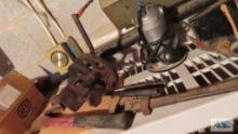 antique hand grinder, hammer parts, wire crimper and vintage pipe wrench