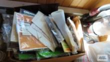 Box lot of sewing and embroidery and plastic craft supplies and patterns