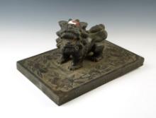 Nicely carved and detailed 11 1/8" 17th C. Chinese Qing Stone Shoemaker Weight with Foo Dog. China