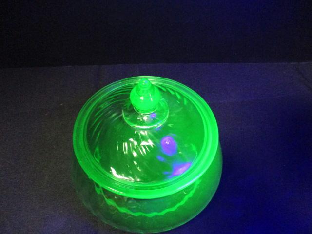 Green Vaseline Glass Swirl Design Lidded Dish