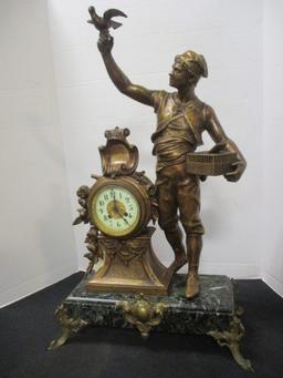 French Sculpture Bronze Clock w/Uranium Glass Face