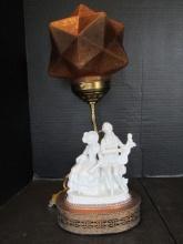 Vintage Porcelain Victorian Figurine Electric Lamp with Amber Star Shade