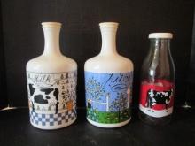 Milk Glass "Milk" and "Juice" Carafe Bottles and Black and White Cow Design