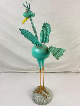 Vintage Cheerful Turquoise Metal Bird Yard Art Sculpture w/ Bouncing Spring Bobblehead. See pics.