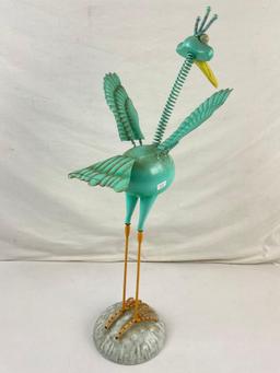 Vintage Cheerful Turquoise Metal Bird Yard Art Sculpture w/ Bouncing Spring Bobblehead. See pics.