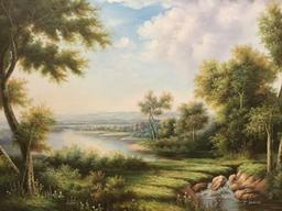Large original oil on canvas tropical landscape scene in frame signed artist J Dubois