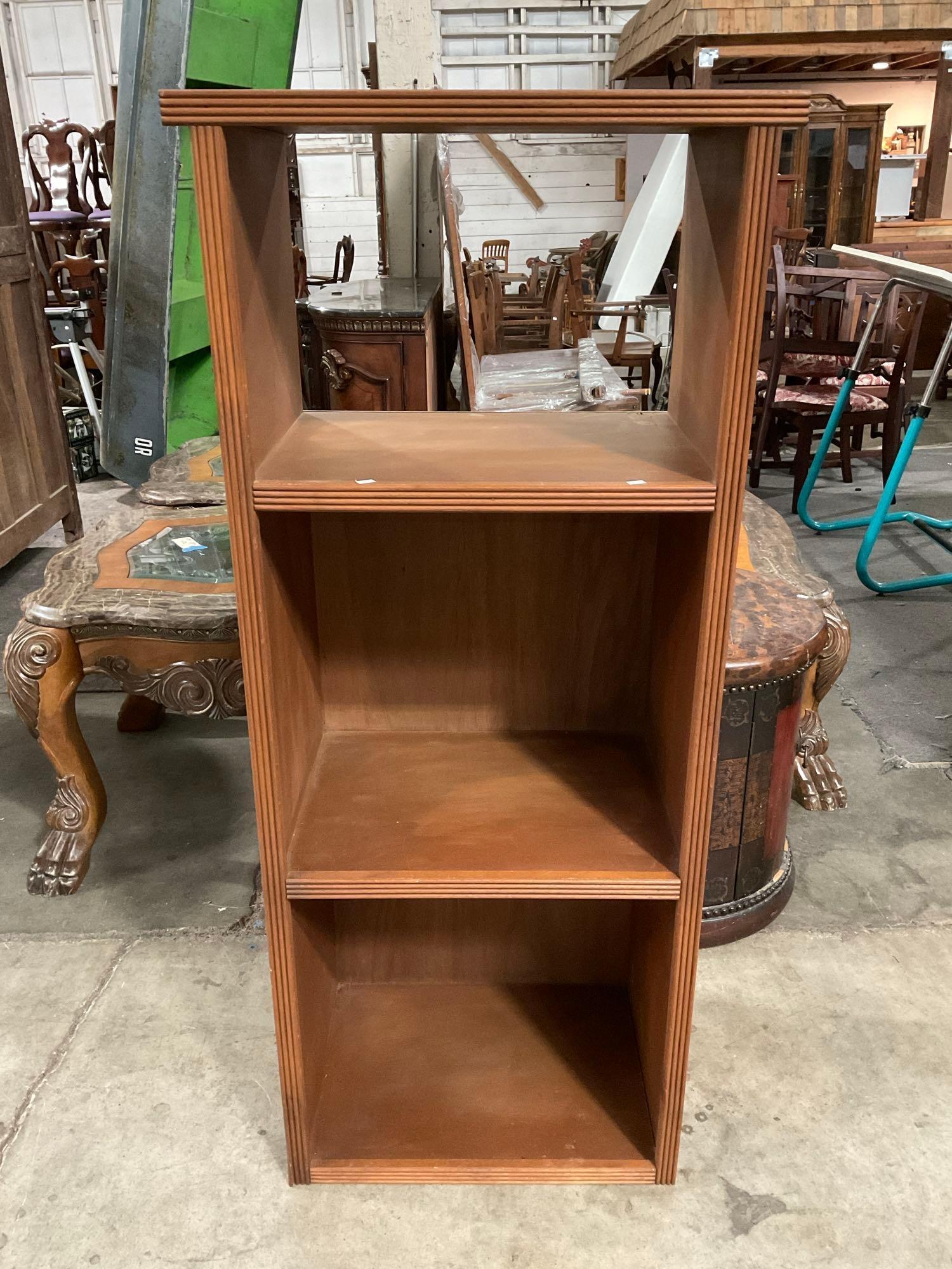 Vintage Zambowood Wooden Bookcase w/ 3 Shelves, 1 Open Back. Measures 24.5" x 57.5" See pics.