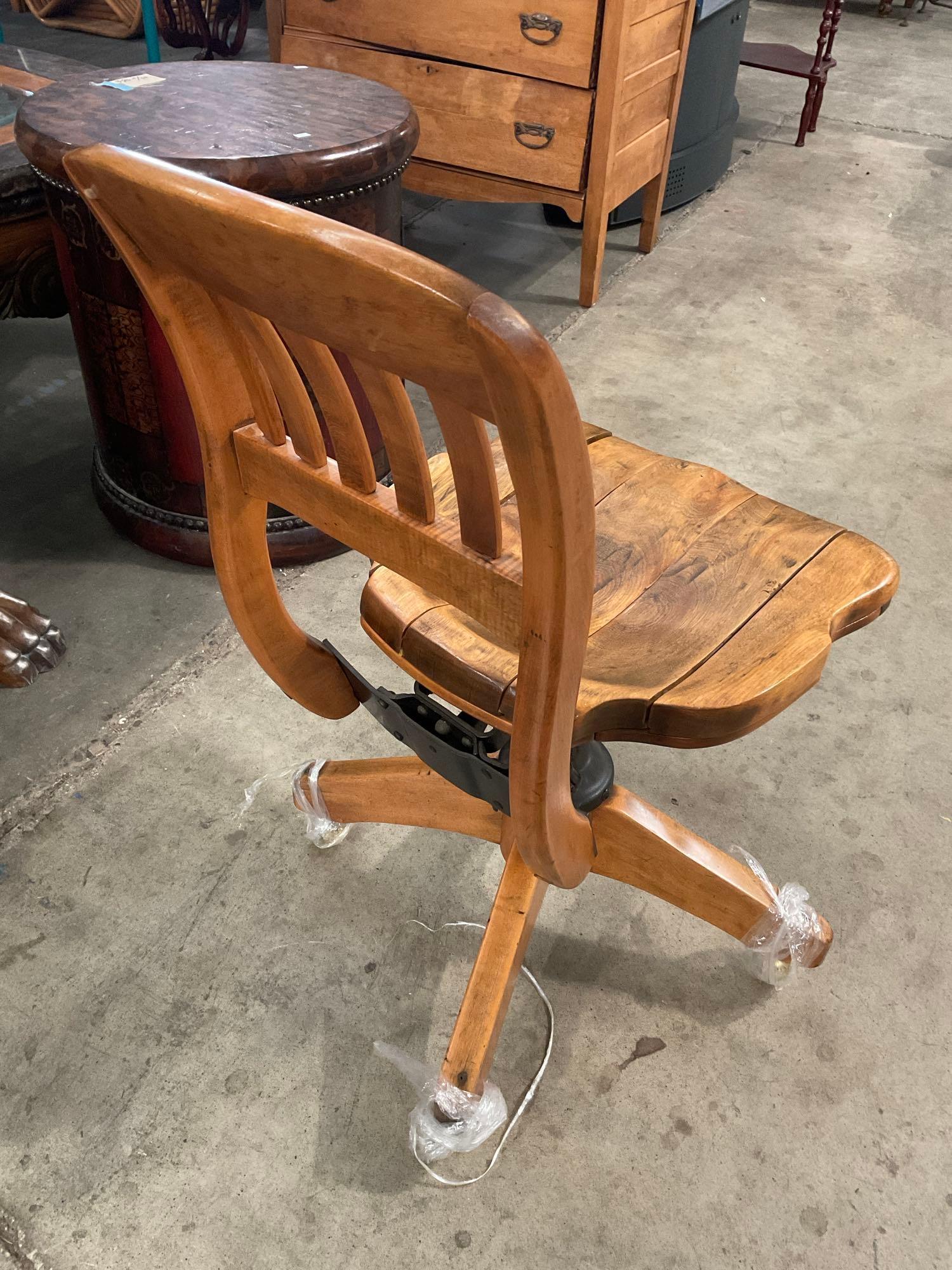 Vintage Shepherd Industrial Wooden Wheeled Rolling Office Chair. Measures 17" x 31" See pics.