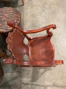 Antique Ornately Carved Wooden Rocking Chair w/ Decorative Lion Heads & Thistle Motif. See pics.