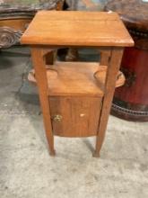 Antique Small Wooden Drinks Stand w/ 2 Tiers, 2 Bottle Holders & Cupboard. Stands 26" Tall. See