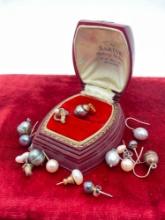 14k pearl pendant & mostly mismatched pearl earrings - black pearl pink/grey lusters, etc