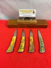 4 pcs 2.5" Vanadium Steel Folding Blade Pocket Knives w/ Decorated Handles & 3x Wooden Boxes. See