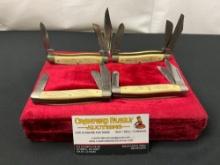 4x Vintage Schrade Scrimshaw Folding Pocket Knives w/Texas 150th, Raccoon, Ducks & Duck Hunter Sc...