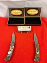 2 pcs Collectible Folding Pocket Knives w/ Wooden Boxes Models KN110WE & KN1105E. NIB. See pics.