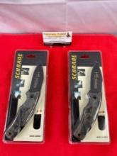 Pair of Schrade 3.5" Steel Folding Blade Hunting Knives w/ Sheathes Model SG8RMCP. NIB. See pics.