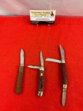 3 pcs Vintage Folding Blade Pocket Knife Assortment. 1x Anvil Honed Edge. 1x Sheffield. See pics.