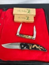 2x Elk Ridge Folding Blade Pocket Knives - 1 has dual blades -Knives come in camo & wooden deer