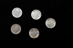 Lot of Five Coins - 1919-p, 1937-s, 1938-s, 1942-p, 1944-d Mercury Dime 10c Grades