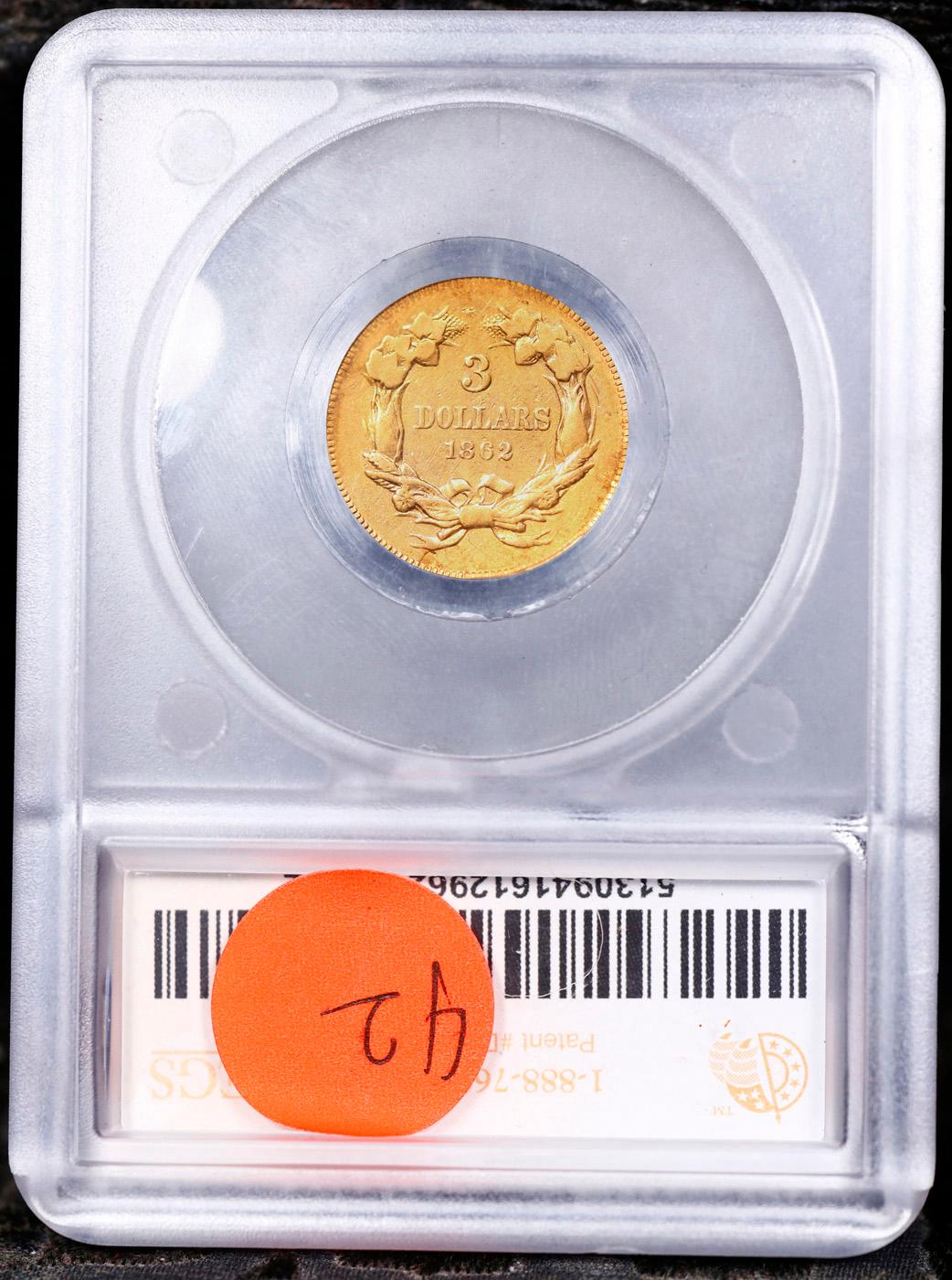 ***Auction Highlight*** 1862 Three Dollar Gold 3 Graded xf45 details By SEGS (fc)