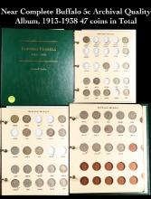 ***Auction Highlight*** Near Complete Buffalo 5c Archival Quality Album, 1913-1938 47 coins in Total