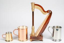 Sheffield Pewter Mug, 2 Naval Rum Cups & Harp Music Box w/ Case