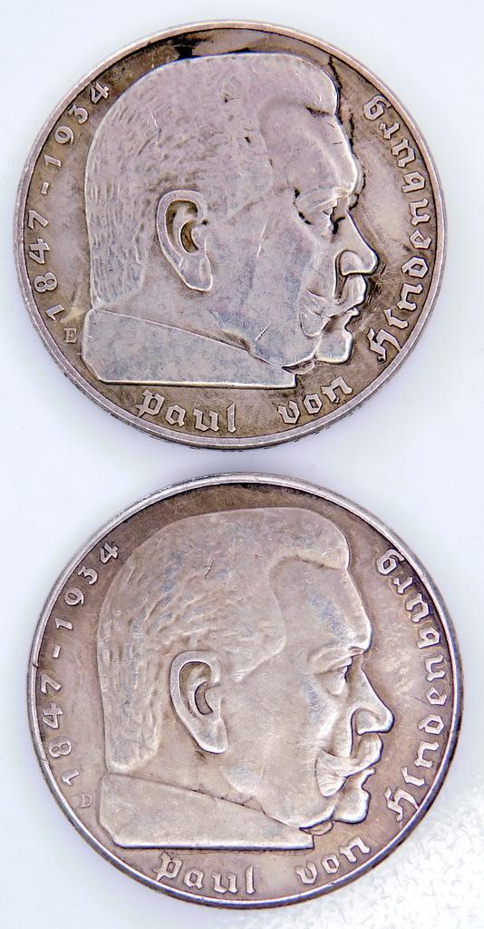 German WWII Chancellor Paul von Hindenburg 5 Reichs Mark Coins, Four (4)