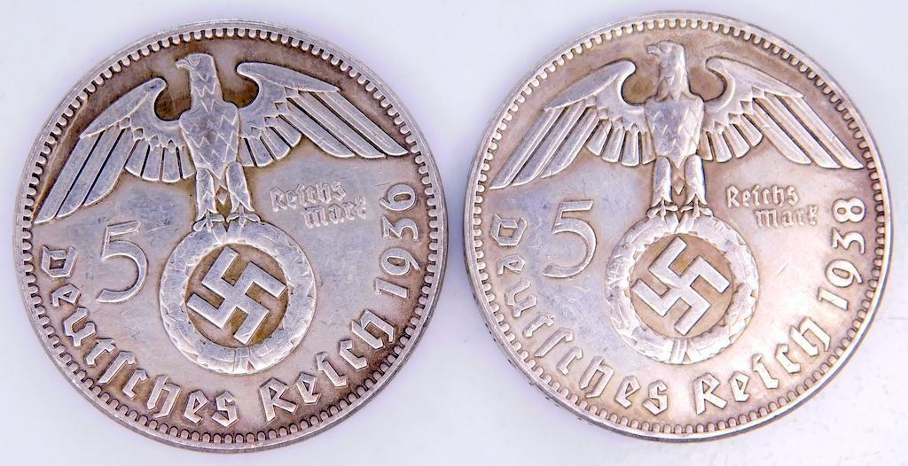 German WWII Chancellor Paul von Hindenburg 5 Reichs Mark Coins, Four (4)