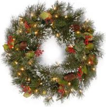 National Tree Company 24 in. Wintry Pine Artificial Wreath with Battery Operated Warm White LED