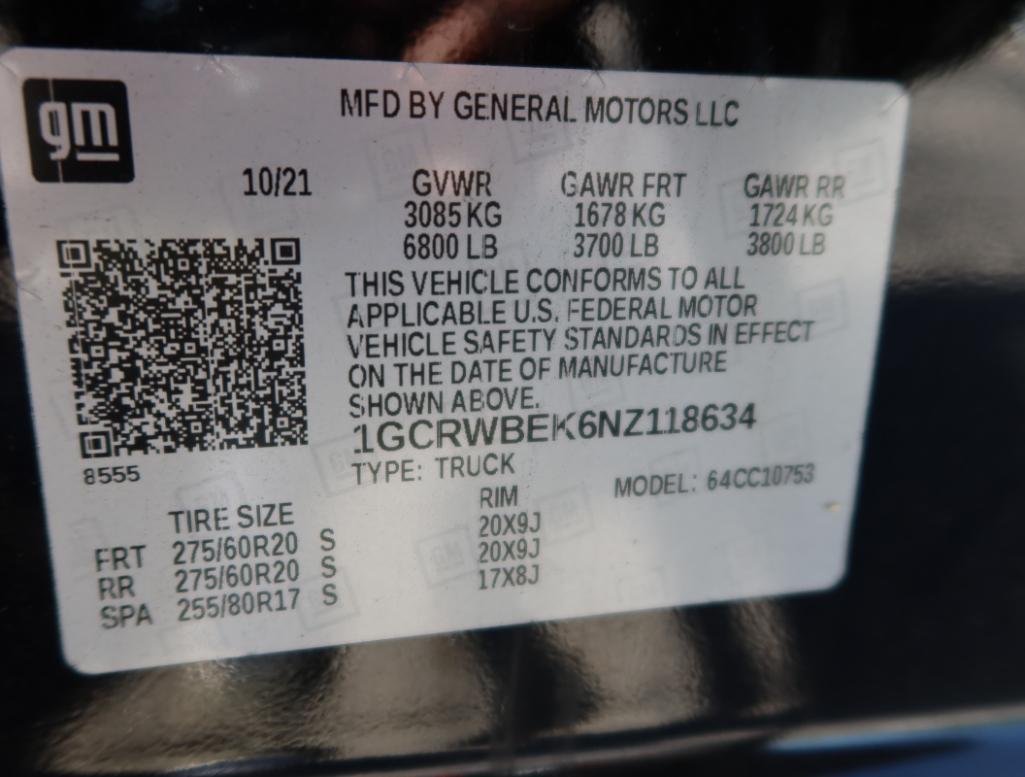 2022 Chevy Silverado 1500 2WD Crew Cab Custom, Gas, License# 54ALIQ, VIN 1GCRWBEK6NZ118634, 39,358