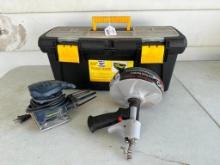 Ppastic Tool Box with Tools, Rigid Snake and Palm Sander
