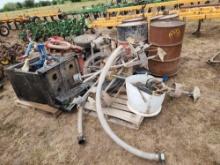 (4) Pallets w/Barrels, Wires, Hoses, Small Spare Tires, Black Stove, Bicycle, Small Red Vice, Etc.
