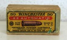 Full Vintage Sealed Two Piece Box Winchester .22 Automatic Cartridges Ammunition...