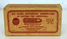 Full Vintage Box Remington UMC .25 Automatic Cartridges Ammunition - Old Tape on One End...