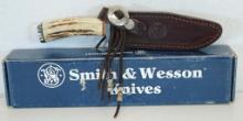 Smith & Wesson Custom Stag Handled Hunting Knife with Leather Sheath, 6" Blade, 10 1/4" Overall,