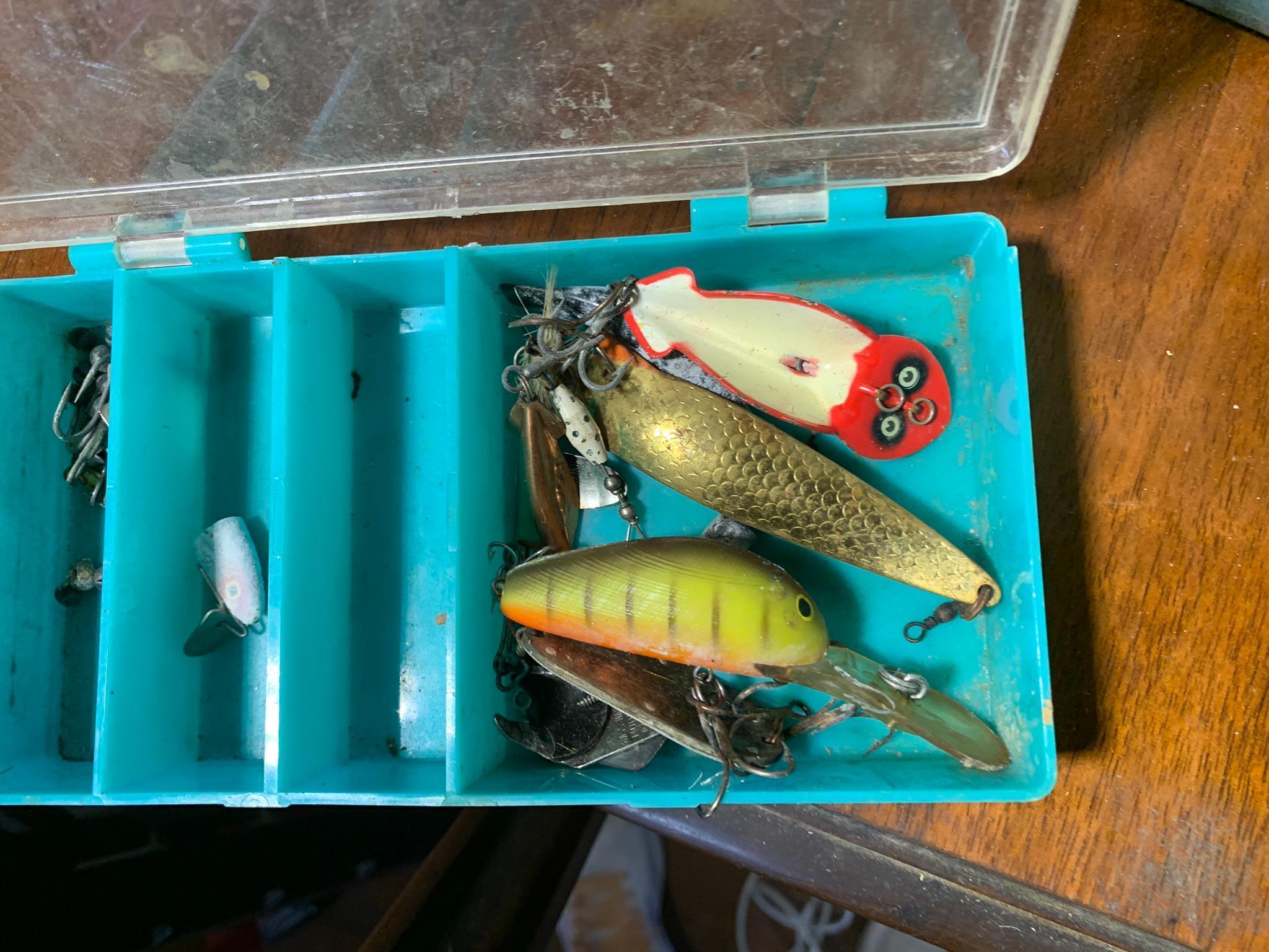 Group of Fishing Lures, Tackle Boxes, Deer Antlers & Coleman Lantern