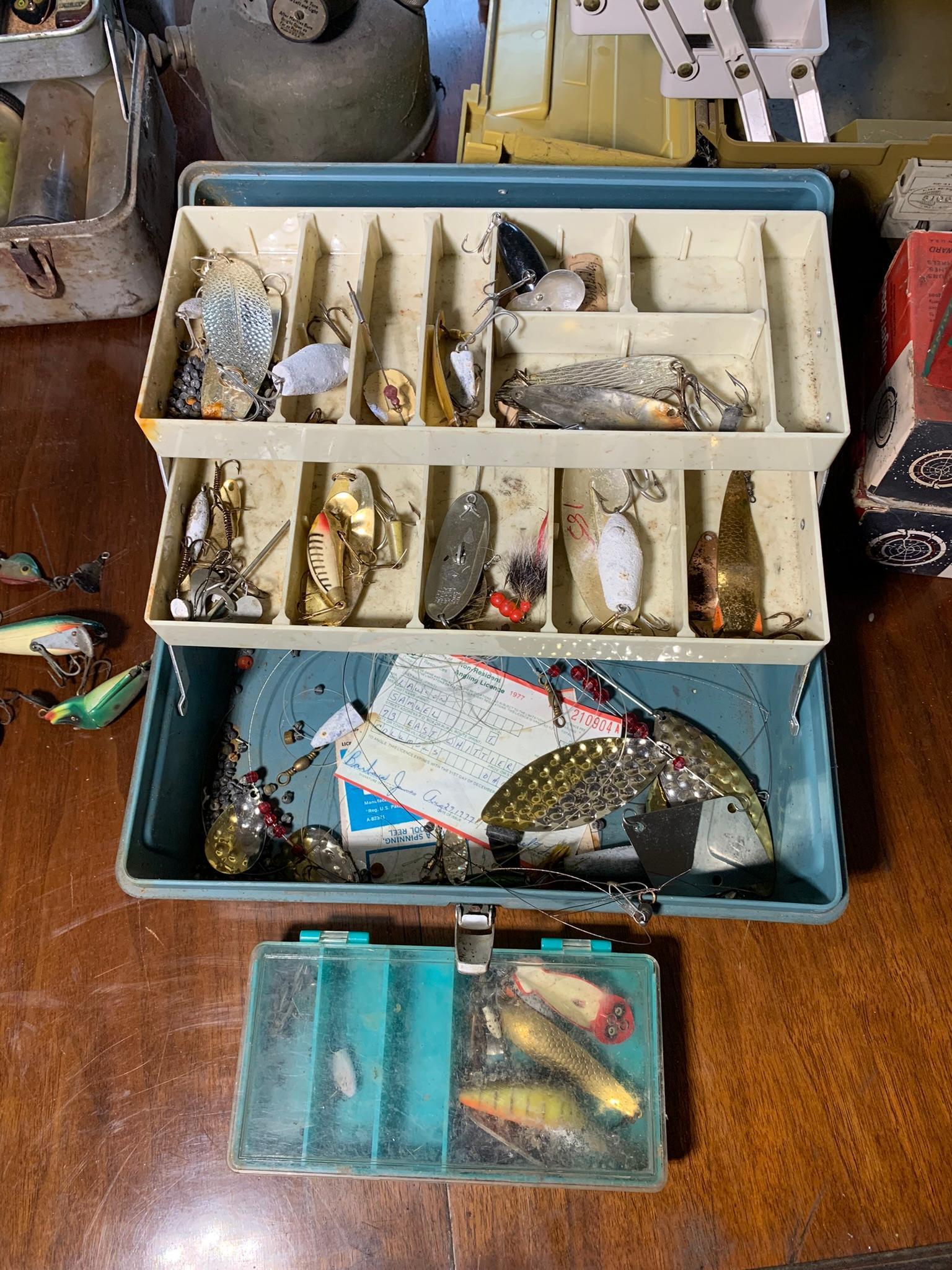 Group of Fishing Lures, Tackle Boxes, Deer Antlers & Coleman Lantern