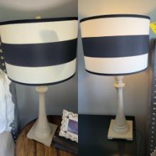 Pair of wood base bedroom lamps with stripped shades