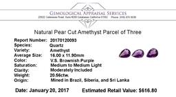 20.56 ctw.Natural Pear Cut Amethyst Parcel of Three