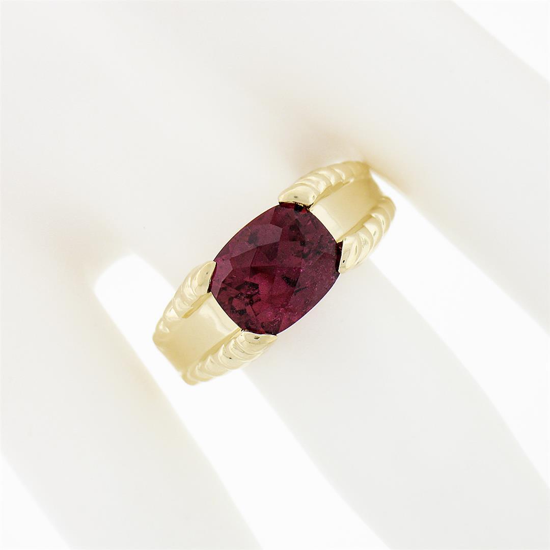 14k Yellow Gold GIA 3 ctw Cushion Rubellite Tourmaline Solitaire Grooved Side Ri
