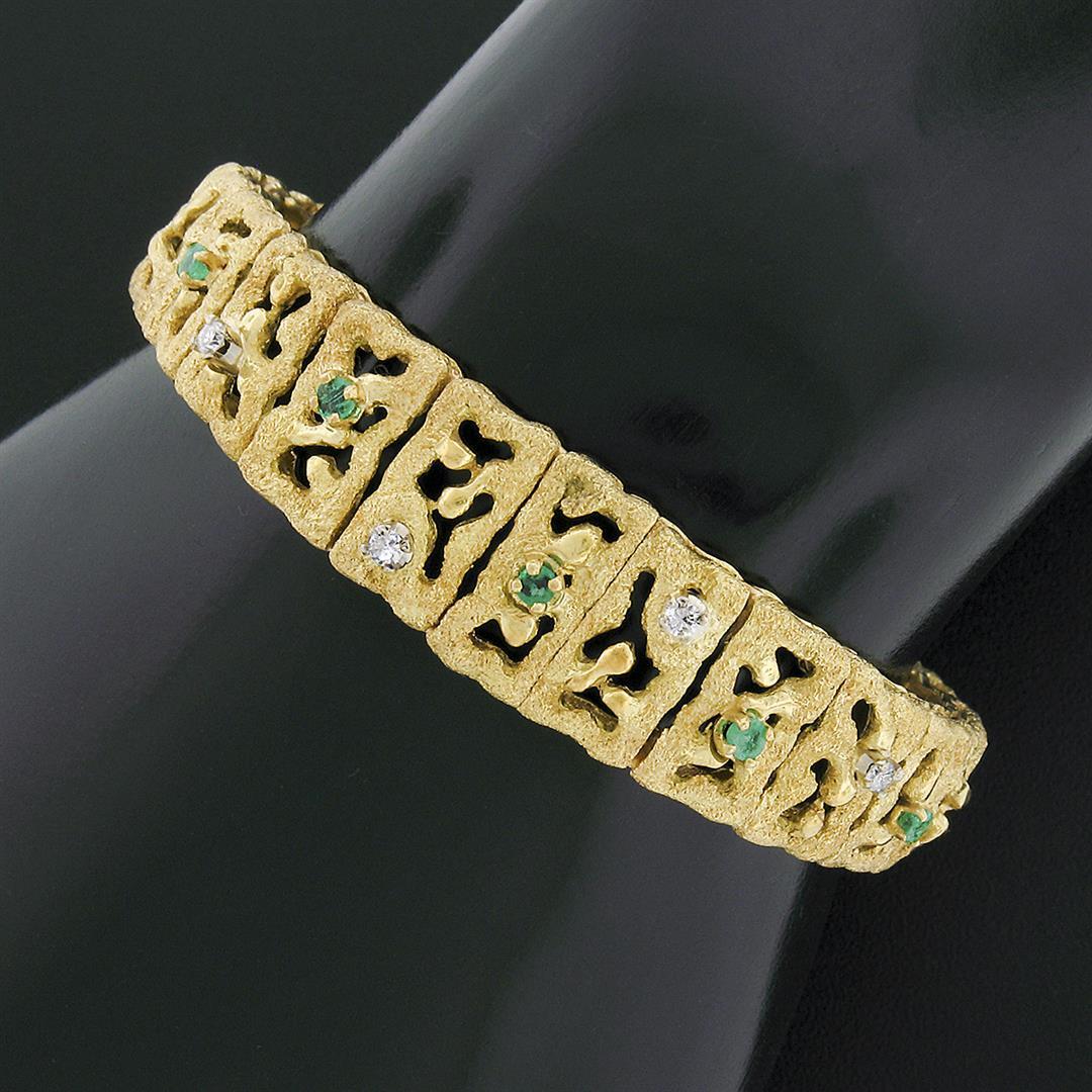 18k Gold 0.46 ctw Diamond Emerald Open Textured Graduated Strap Statement Bracel