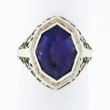 Antique Art Deco 14k Gold Custom Marquise Cut Bezel Set Amethyst Solitaire Ring